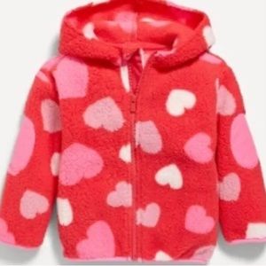 Old Navy Baby Girl Sherpa Zip-Up Jacket Hoodie Hearts Pink 12-18 Months